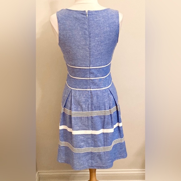 Ann Taylor Blue White Striped Textured Linen Blend Sleeveless Lined MIDI Dress 4 - Picture 7 of 15